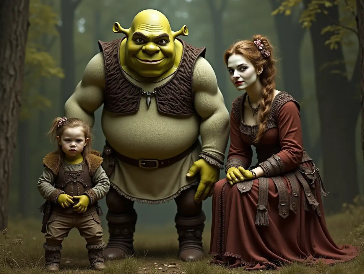 Ki-Fantasy family,Man,Woman, and Children, giant Shrek face white face and with wooden armor equipment