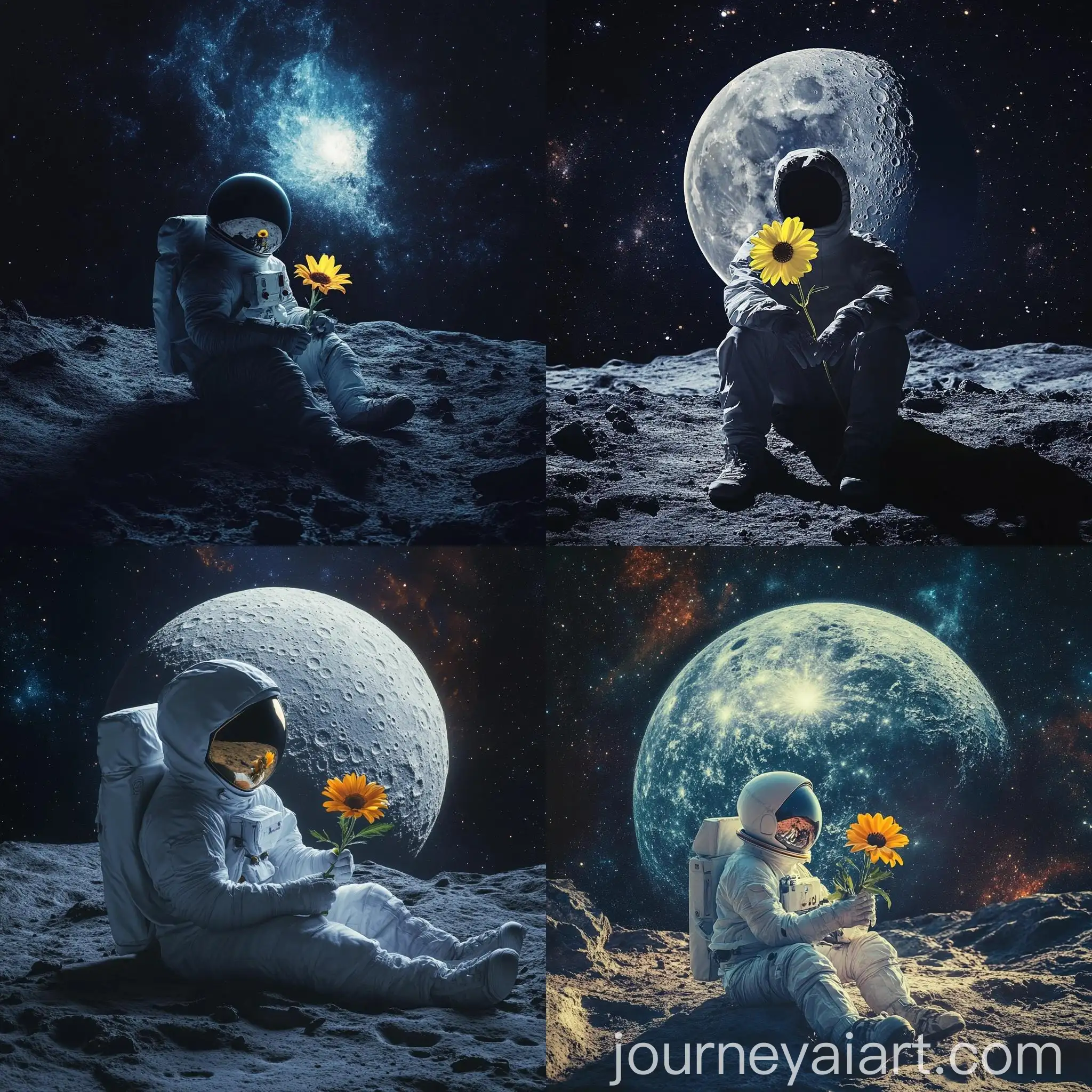 Serbian-Young-Man-Sitting-on-Moon-in-Space-Holding-Yellow-Flower