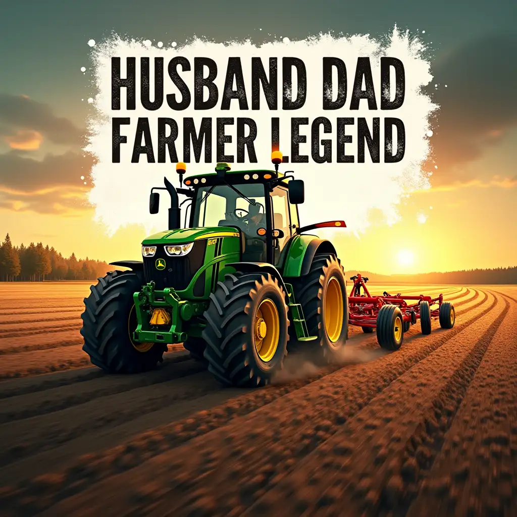 A powerful farming scene featuring a large green tractor with rugged tires, pulling a red and yellow plow through rich soil. The background showcases a warm, golden sunset over a vast open field, with trees lining the horizon. Bold text in distressed typography reads ‘HUSBAND DAD FARMER LEGEND’ with a white paint splatter effect behind it, adding a rustic and hardworking aesthetic. Digital art with a realistic 