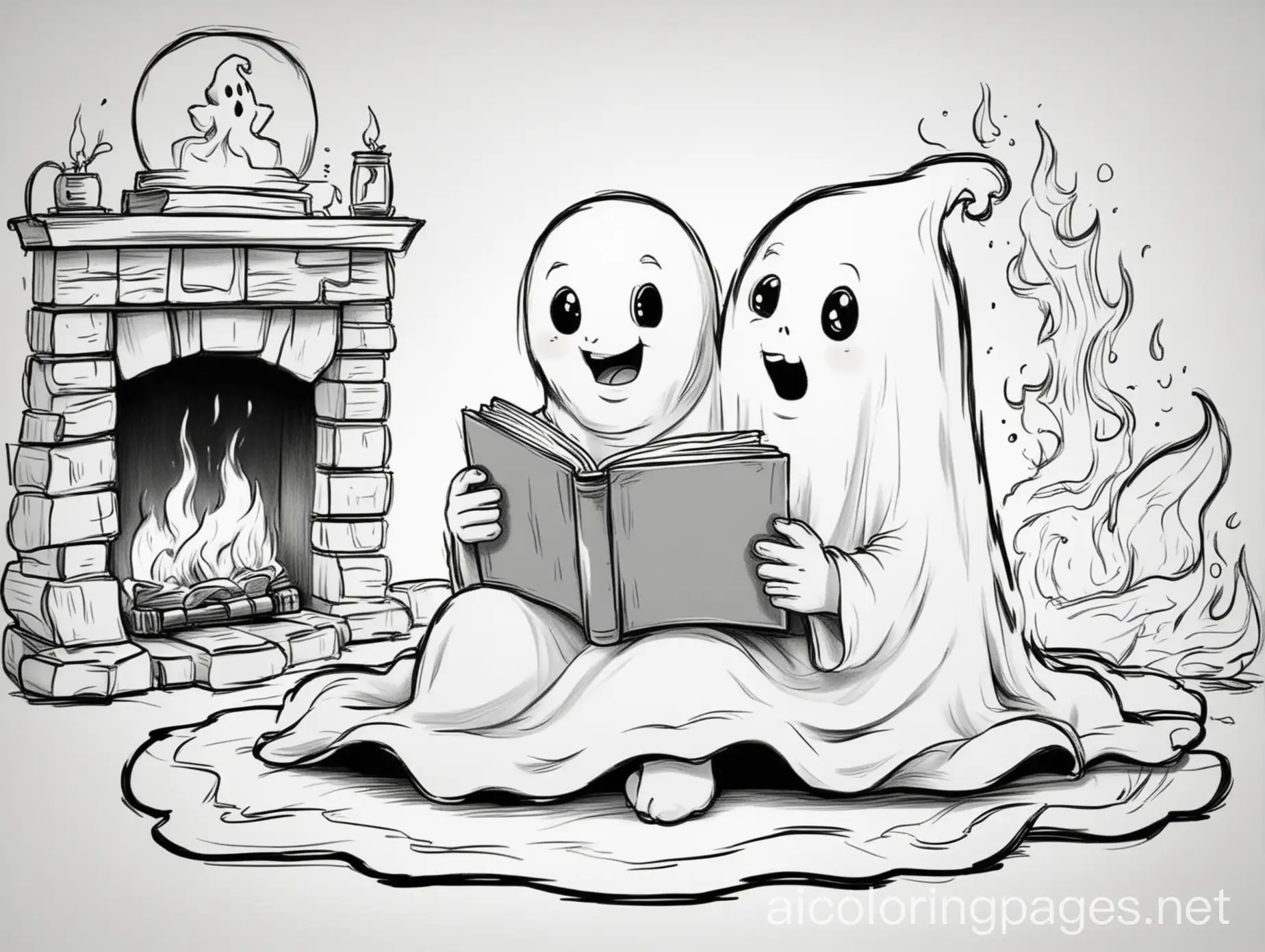 Cute-Ghost-Coloring-Page-Reading-by-the-Fire