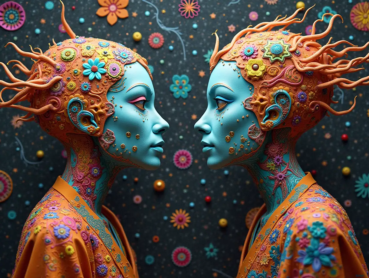 Ultra detailed hyperrealistic portrait of time traveling beings on a elaborately detailed, colorful background