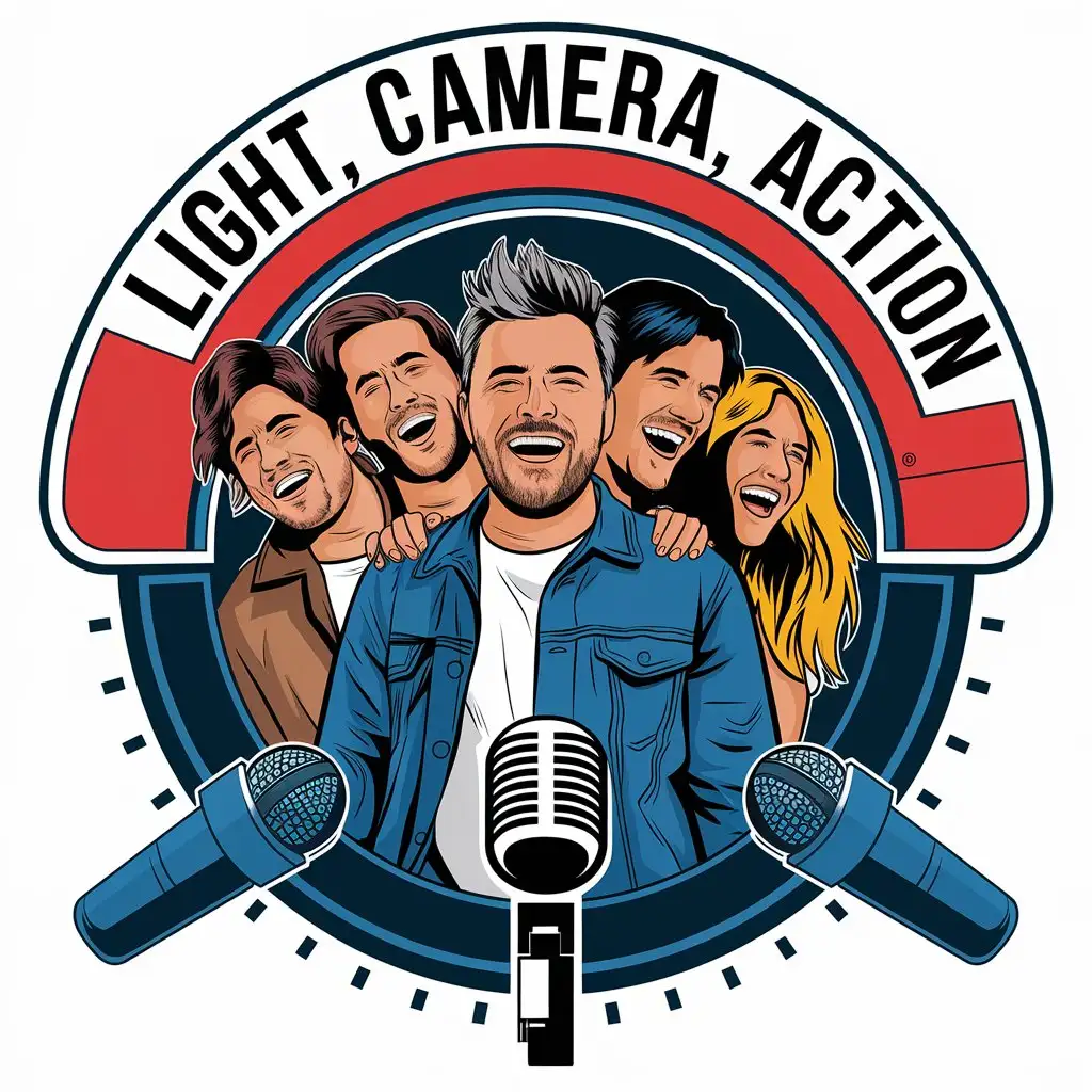 LOGO Design for Light Camera Action Colorful Vector Featuring Friends Laughing at a Microphone