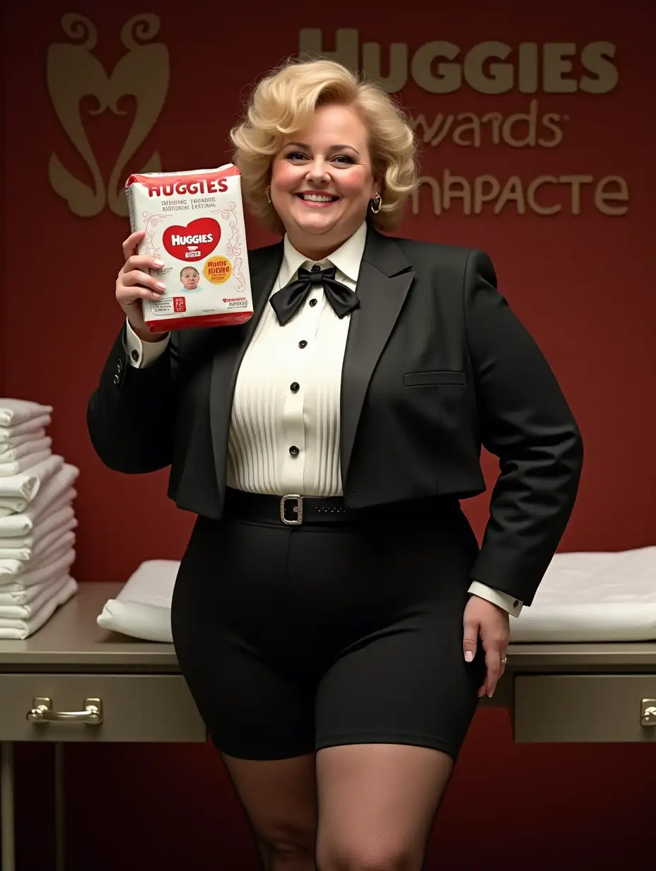 ((photo realistic)), sweet obese full-figured with large wide hips ((Caucasian woman)), big smile, with blonde short very curly 1980s hair with curly bangs, wearing a very formal orchestra concert tuxedo with black long sleeve (((high cut cropped))) Eton jacket, (((white high cut cropped above waist tuxedo shirt, with tight very high standing on neck wingtip collar, and many thick vertical pleats front))), (((black diamond point bow tie with black thick adjustable neckband))), black cummerbund, ((black very tight very high-thigh spandex stretch high cut brief)), fishnets, holding up (one huge plastic package of Huggies THICK diapers) while standing on a stage, next to a changing table with a stack of white thick plastic backed folded disposable elastic diapers, with the Huggies Awards logo in the background, (front view).