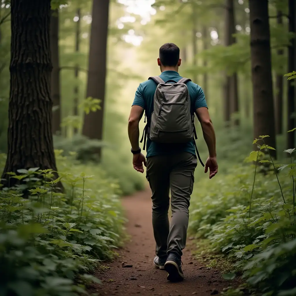 A man with a backpack is walking on a forest trail