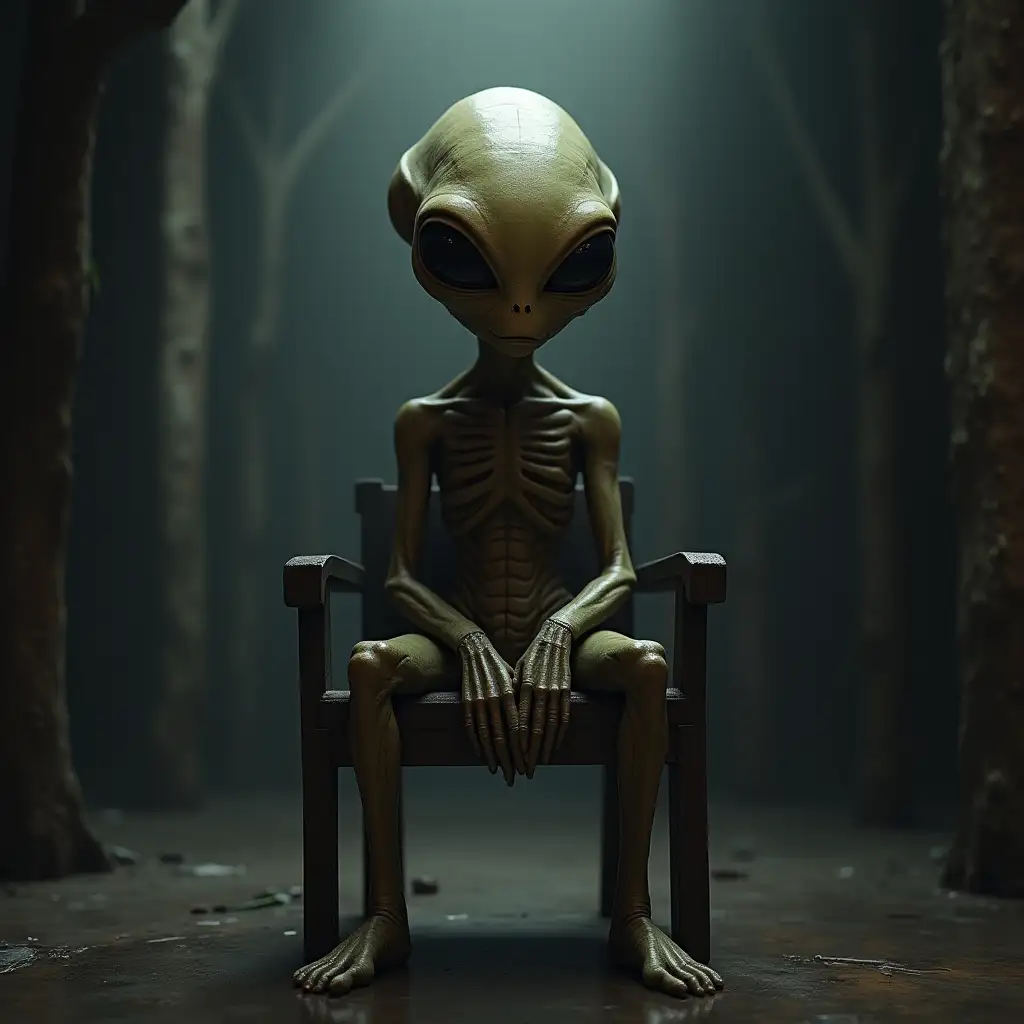 An alien sits on a chair, no hands are visible, portrait, 4k, rendering depth, grain effect