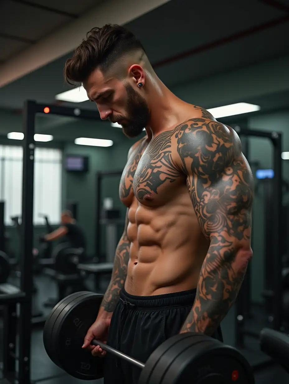 Muscular Man with Intricate Tattoos Working Out in Gym