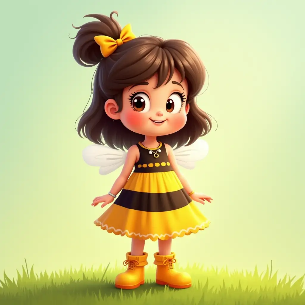 a 3-year-old cartoon girl , dressed in a pompous bee dress, wearing boots the color of the dress, standing on a lawn