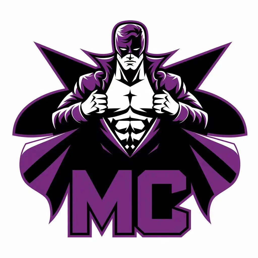 a vector logo design,with the text "MC", main symbol:Design a bold superhero logo featuring a dynamic figure pulling open their suit to reveal a muscular chest, symbolizing strength and heroism. The superhero should wear a mask and cape, with sharp, angular lines for a sleek and modern look. Integrate the letters 'MC' prominently on the chest, in a bold, blocky font that complements the hero's powerful stance. The superhero should hold a book in one hand, symbolizing knowledge and creativity. Use a vibrant purple as the primary color, with clean, minimalistic design elements that evoke a sense of action and professionalism.,Minimalistic,be used in Internet industry,clear background