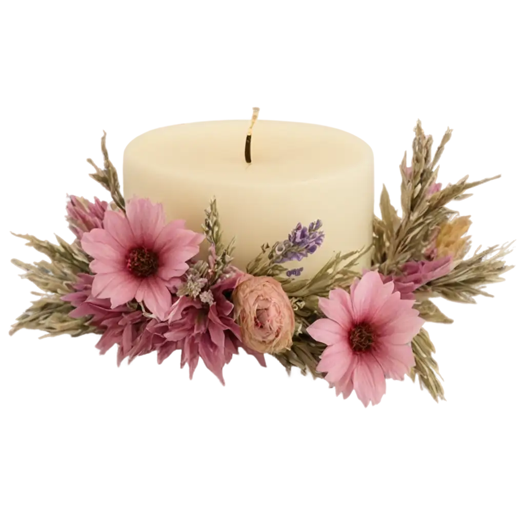 art candle decorated with dryed flowers