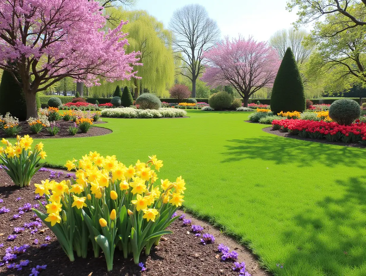 Spring gardens with beautiful flowers and lawns. Panoramic collage. Wide photo.