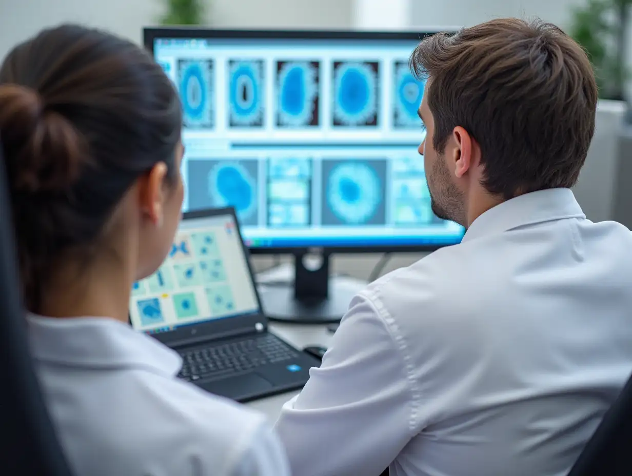 Two embryologists monitor sample analysis on a large computer screen