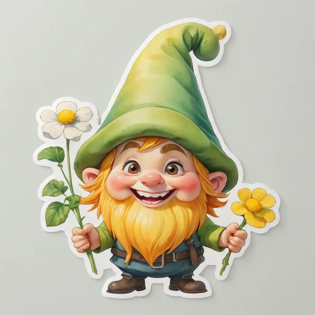 Cheerful Gnome Holding Flower and Green Clover Watercolor Illustration