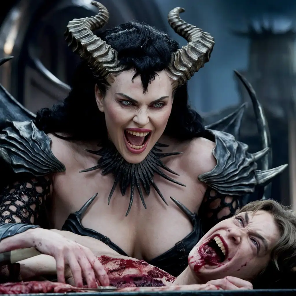  Evil Angry Very beautiful monster Charlize Theron with sharp horns, a very huge mouth with the sharpest teeth and deep neckline sit at a high table,  indulging in a grisly feast of a young man. Very aggressive look, cinematic, photo , 4k