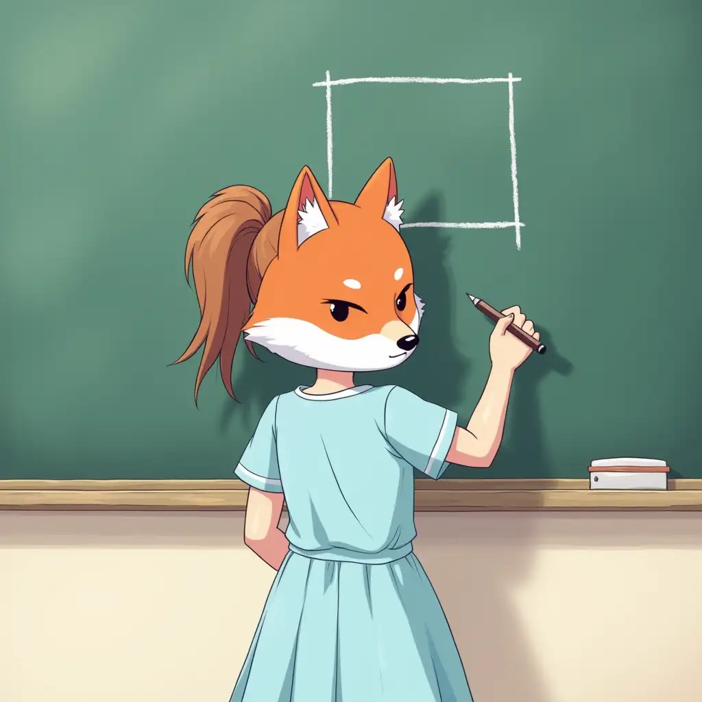 A girl in a light blue dress. She is drawing a square on the class board. She is wearing a mask of a fox on her face. Anime style.