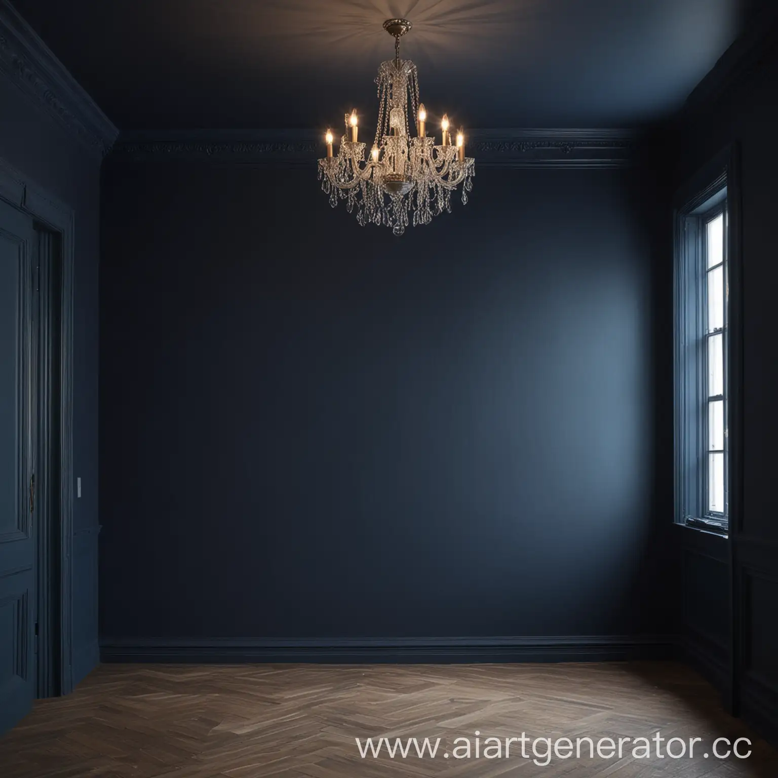 Draw a wall interior of a room with an empty place for the chandelier. The room should be in a minimalist style with dark blue shades