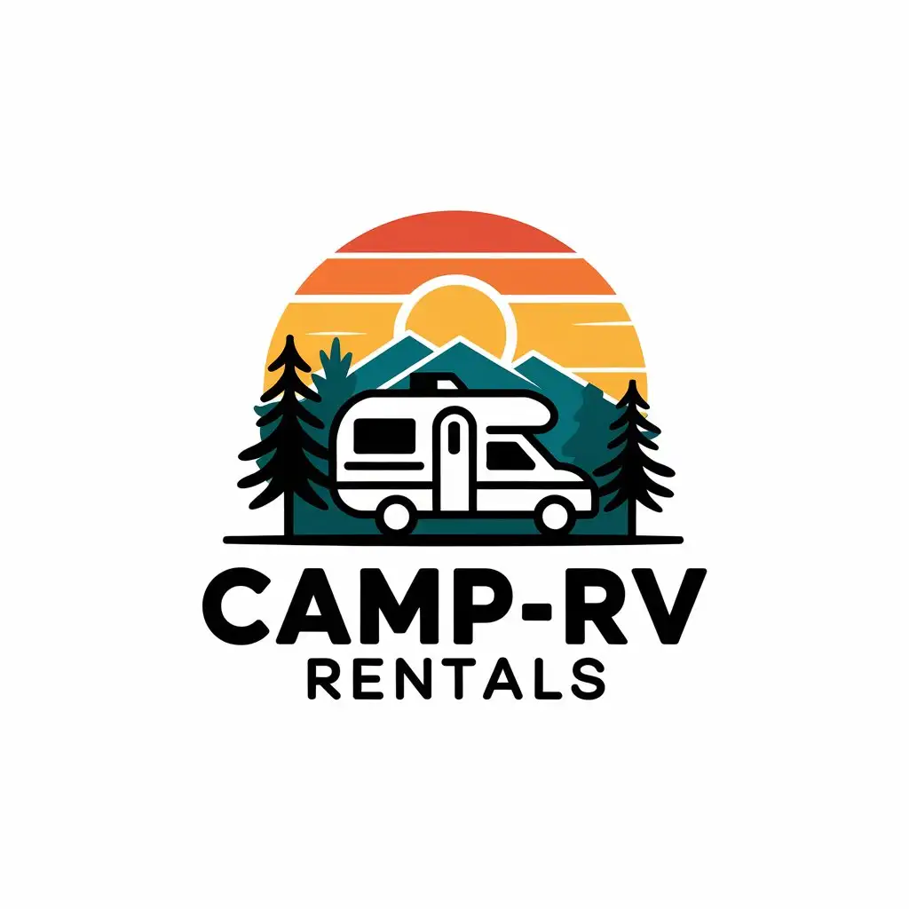 LOGO Design for Camp RV Rentals RV in Sunset Landscape with Pine Trees and Bold Text