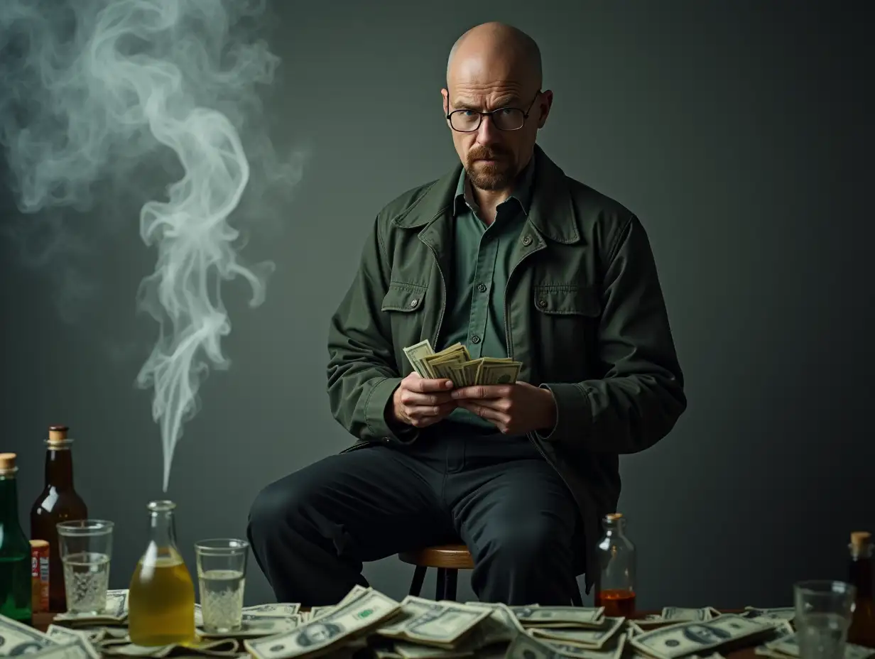 the main character from breaking bad in glasses on a gray background with light swirling smoke and he sits with a pack of dollars in his hand sitting on a stool on the right side of the picture around him piles of dollar bills and various glass cups, bubbles, bottles