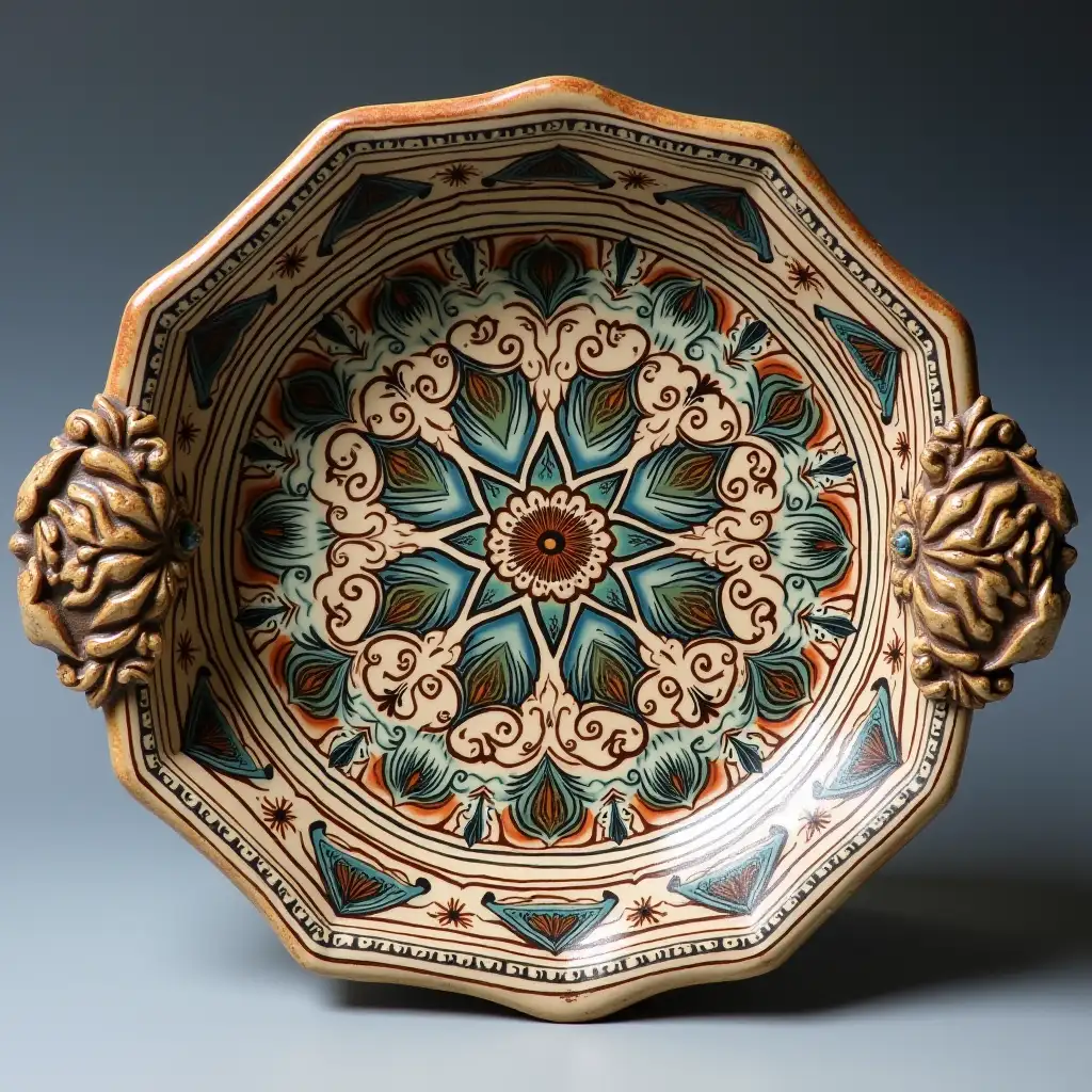 Octagonal with rounded corners ceramic serving dish with embossed beautiful handle, Fine art, Hyper detailed, Antique and old, Qajar art, Iranian Tabriz carpet design