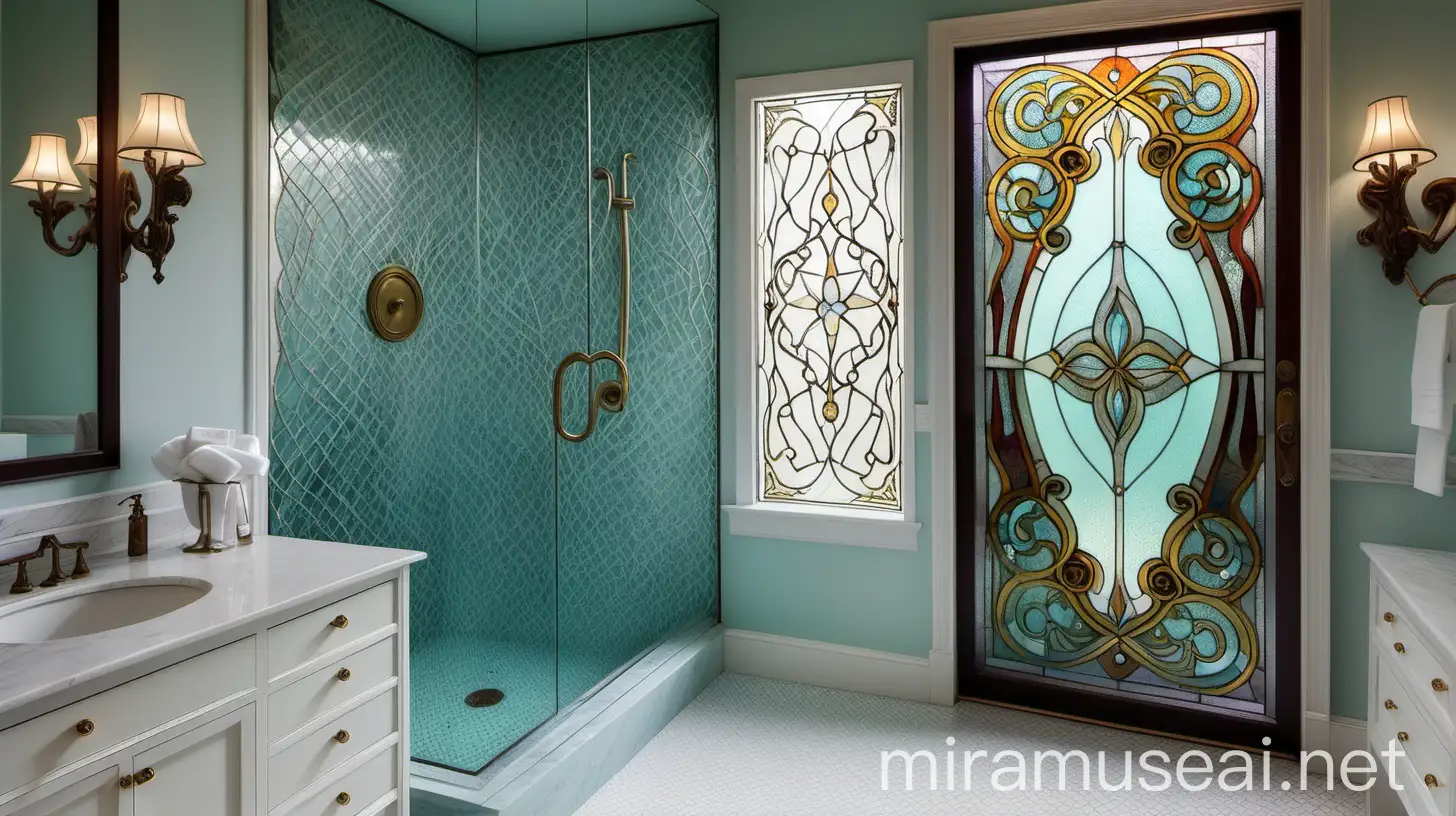 Bathroom Featuring Tiffany Glass Door with Abstract Patterns and Classic Ornaments