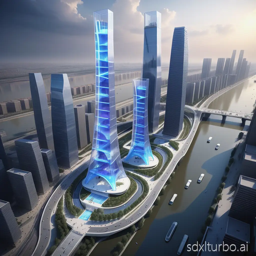 masterpiece, architectural visualization,  aerial perspective from Xi'an Innovation Harbor overlooking Wei River::1.6,  narrow-angle pizza-shaped development parcel,   [core landmark]  dual helical skyscrapers forming '丝' character at river confluence::2.5,  intertwined cobalt glass towers with holographic data streams,  quantum blue light channels pulsating vertically,   [3D traffic system]  transparent delta bridge piercing tower base::1.8,  levitating maglev track with photon trail effects,  neural-network patterned cloud train traversing sector,   [vertical composite structure]  ! key correction structure ! - bottom 1-2F: international expo center with morphing nano-screen facade  - 3F-15F: vertical cloud server farm (digital infrastructure)  - 16F-45F: aerospace R