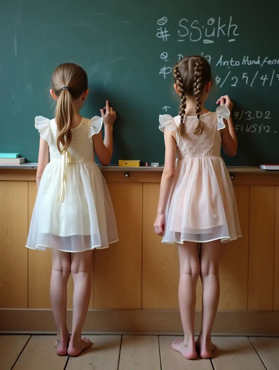 Two very skinny little girls. Very short sheer dresses revealing long, skinny legs. Writing on the chalkboard in their Kindergarten classroom. Legs visible. View from behind.