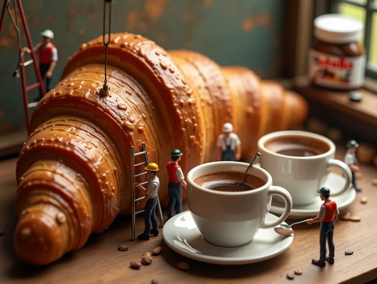 A tiny world workers are assembling a giant croissant and giant cup of coffee near each other, using ladders to place chocolate, cranes lifting Nutella and coffee , a café  in the background, ultra-detailed, hyper-realistic textures, cinematic lighting, cozy french vibes.