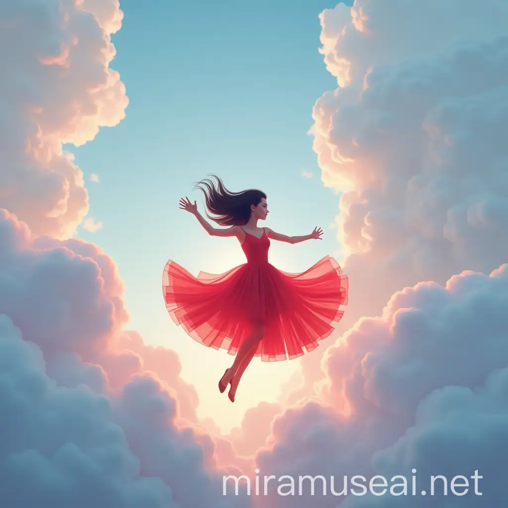 Minimalist 3D Illustration of Woman Falling from Sky in Digital Red Dress