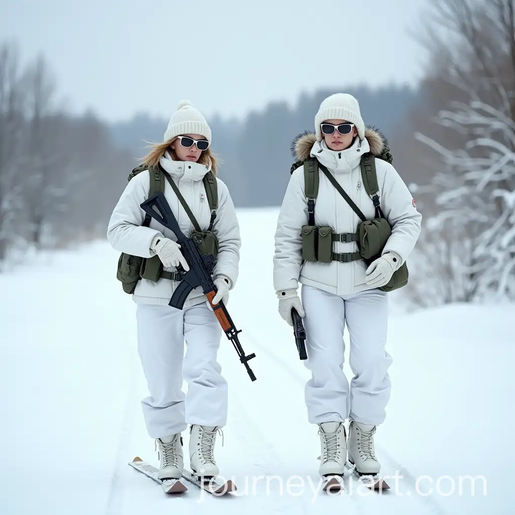 Two-Russian-Female-Military-Officers-in-Winter-Gear-Skiing-with-Assault-Rifles-in-the-Mountains