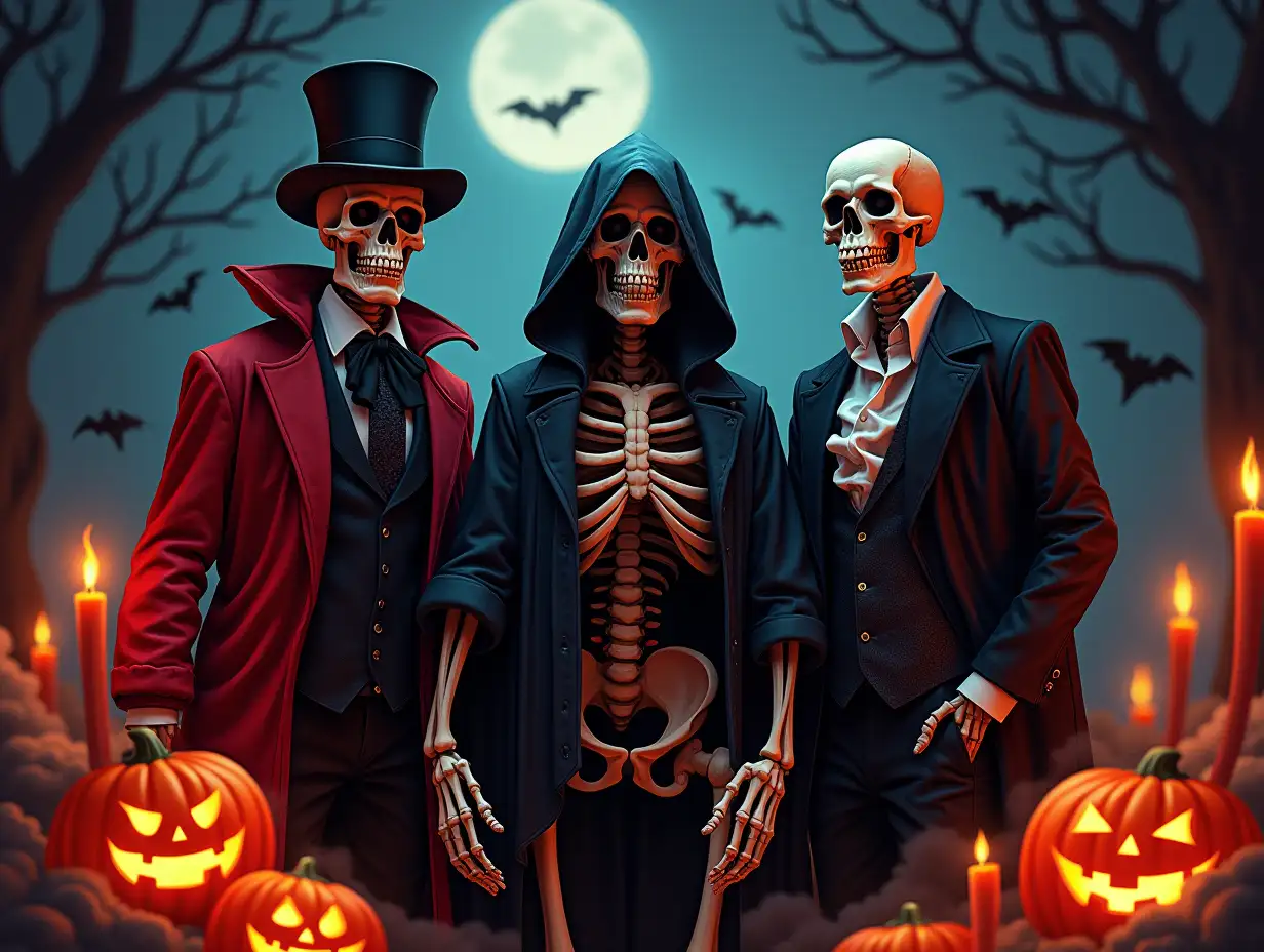 vector, 64k. A trio of skeletal figures dressed in elaborate costumes, standing amidst a vibrant Halloween scene. One figure wears a top hat and a red velvet coat, another a hooded cloak dripping with blood, and the third a dark suit with a ruffled shirt. They are surrounded by pumpkins, candles, and bats, creating a spooky and atmospheric setting. The overall style is detailed and dramatic, with a focus on the macabre and the mysterious.