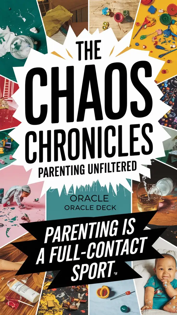 The Chaos Chronicles -Parenting Unfiltered' In typography as an oracle deck cover image. with different real life messy life parenting images