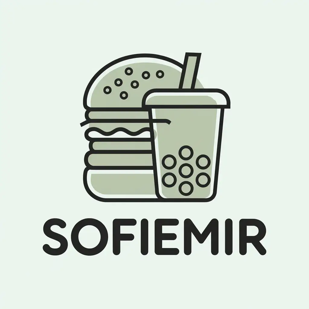 a vector logo design,with the text "Sofiemir", main symbol:The main theme is a burger and bubble tea, combined together with a light green as the main tone,Minimalistic,be used in Restaurant industry,clear background