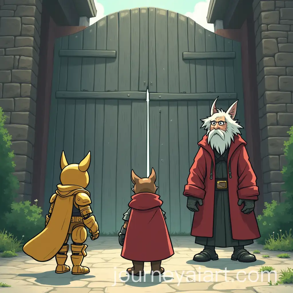 Adventurous-Group-in-Golden-Armor-Shabby-Cloak-and-Red-Coat-at-a-Mysterious-Gate