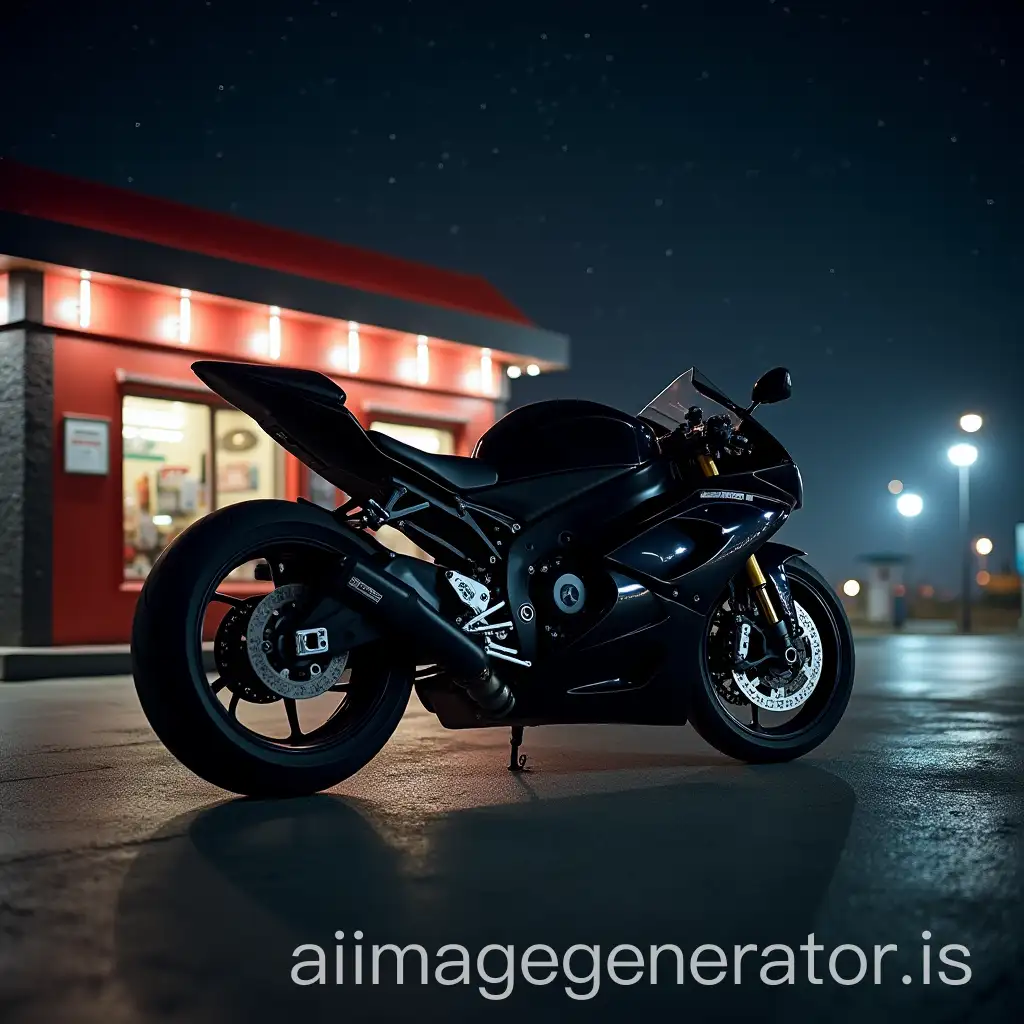 Sleek-Black-Racing-Motorcycle-Under-Starry-Night-with-Vintage-Gas-Station-Background