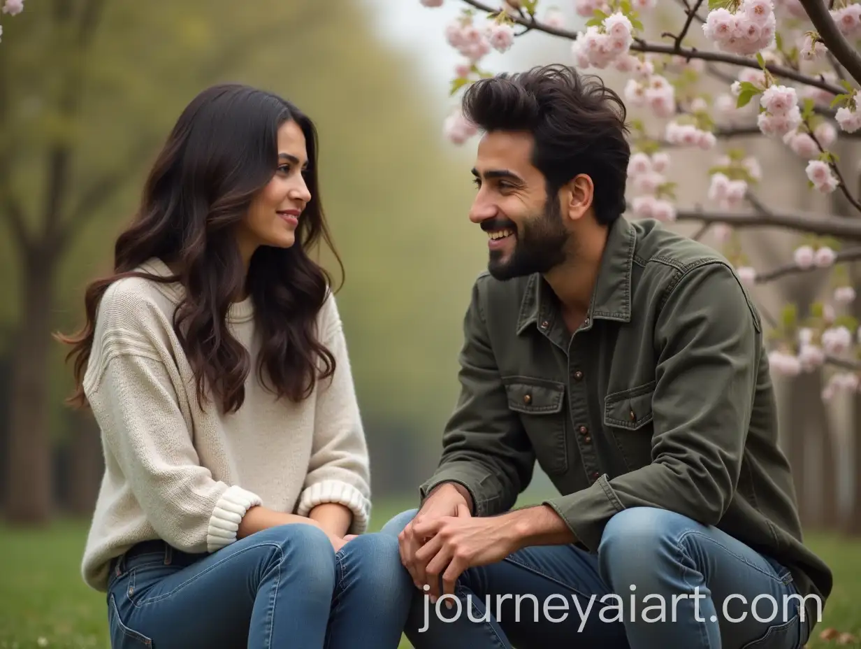 Iranian-Woman-and-Man-Conversing-in-a-Blossoming-Spring-Landscape