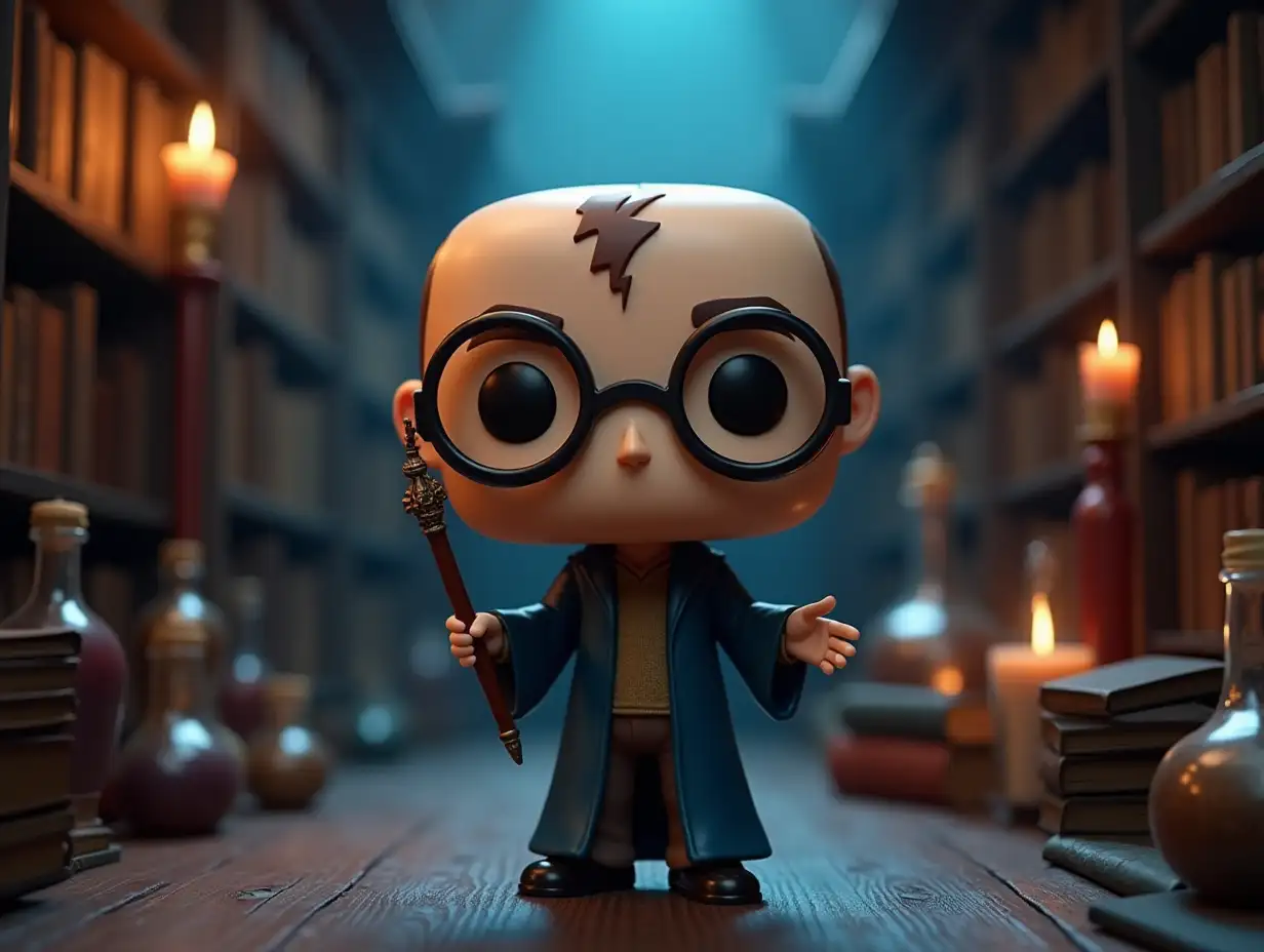 A charming young wizard inspired by the Harry Potter universe comes to life as a Funko Pop figure. He stands confidently holding a detailed wand, with his round glasses perched on his nose and a signature lightning bolt scar on his forehead. Crafted in the signature Funko Pop style, this character features exaggerated head proportions and a playful demeanor. The background is a mystical library filled with ancient tomes and potions, softly illuminated by a warm, magical glow, creating an enchanting and whimsical atmosphere. The color palette includes deep blues and rich golds, adding to the magical mood. The scene is framed to focus on the wizard's expressive features and charming details.