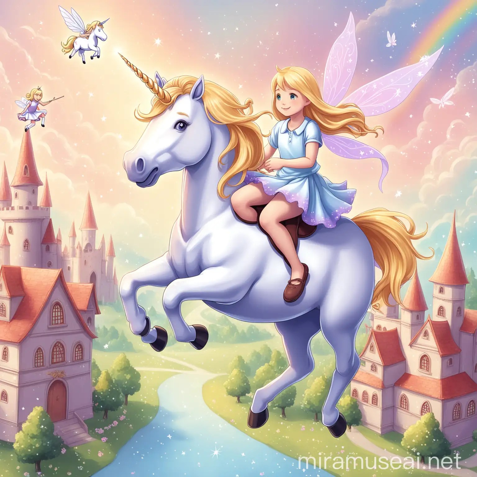 Blonde Girl Riding Fairy Tale Unicorn to School