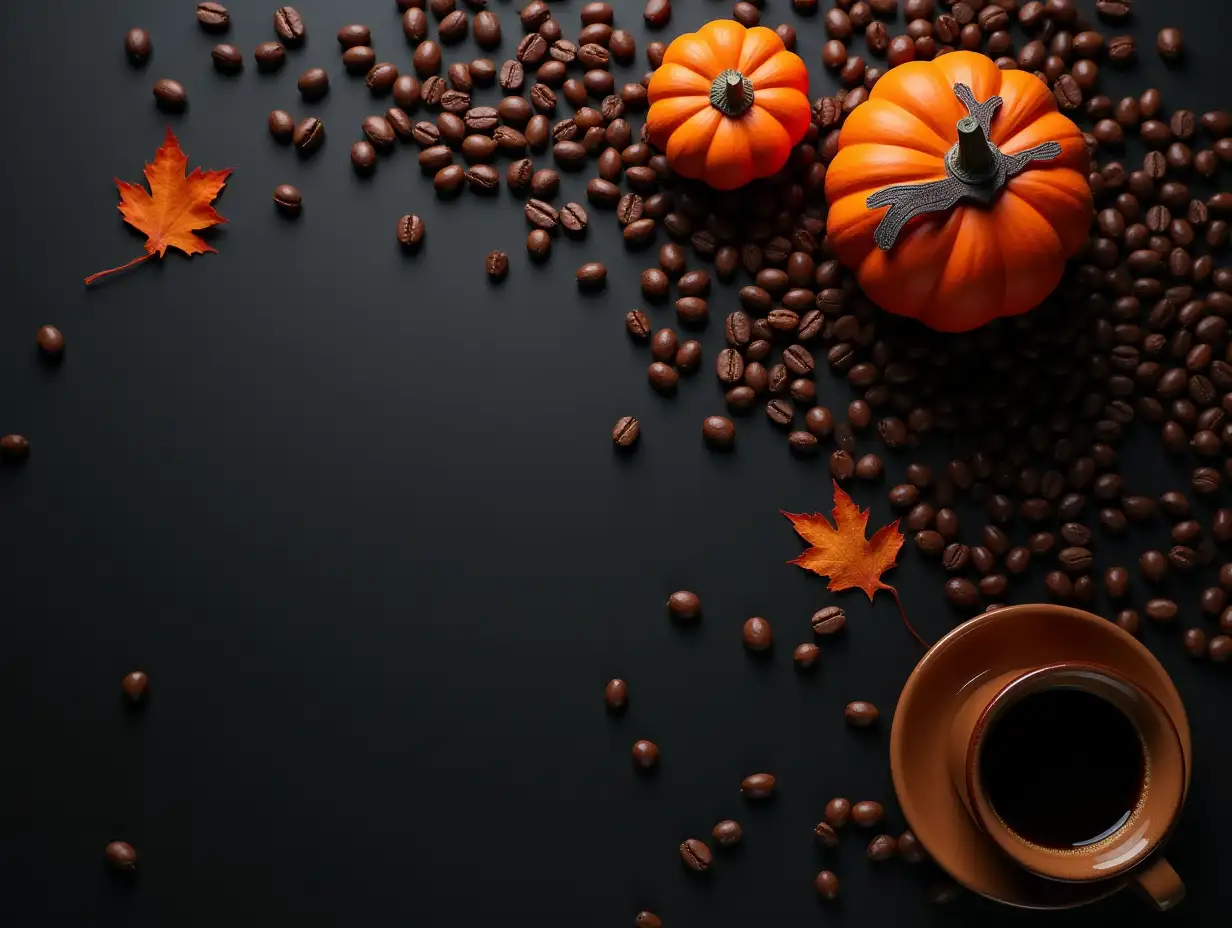 halloween decoration with hot coffee and beans on dark background. flat lay. Copy space for text.