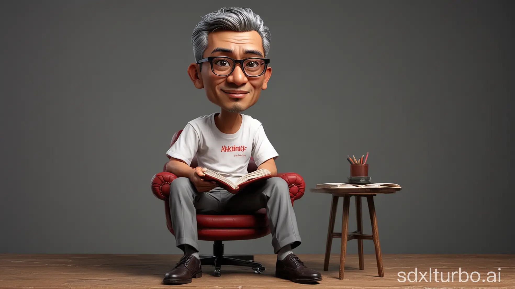 Caricature 4D realistic full body with a big head. A 40 year old Indonesian man. Short, gray hair parted on the side. Sitting relaxed in a chair with dark red wing backs. Oval face, dull eyes with thick eye bags. Wearing rectangular glasses. Wearing a white t-shirt with word on the front 'Akal Sehat' with good and correct Indonesian spelling. Wearing gray formal trousers that look worn,loafers. The index finger is pointed at the head. Left hand holding a book. Face facing forward, eyes to the side. Nearby there is a classic wooden table. The background color is dark grey. Use soft photographic lighting, dramatic overhead lighting, very high image quality, clear character details, UHD, 16k, 4d Rendering, very realistic.