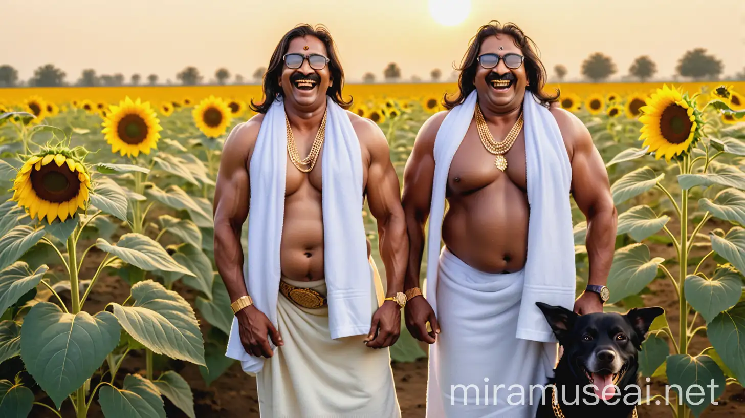 Indian Bodybuilder and Curvy Woman Laughing in Sunflower Field