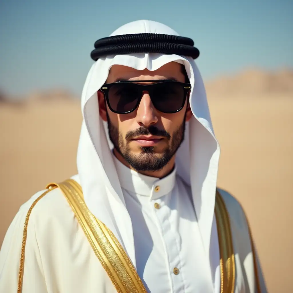 a brave man wearing black sunglasses and a white robe like an Arab