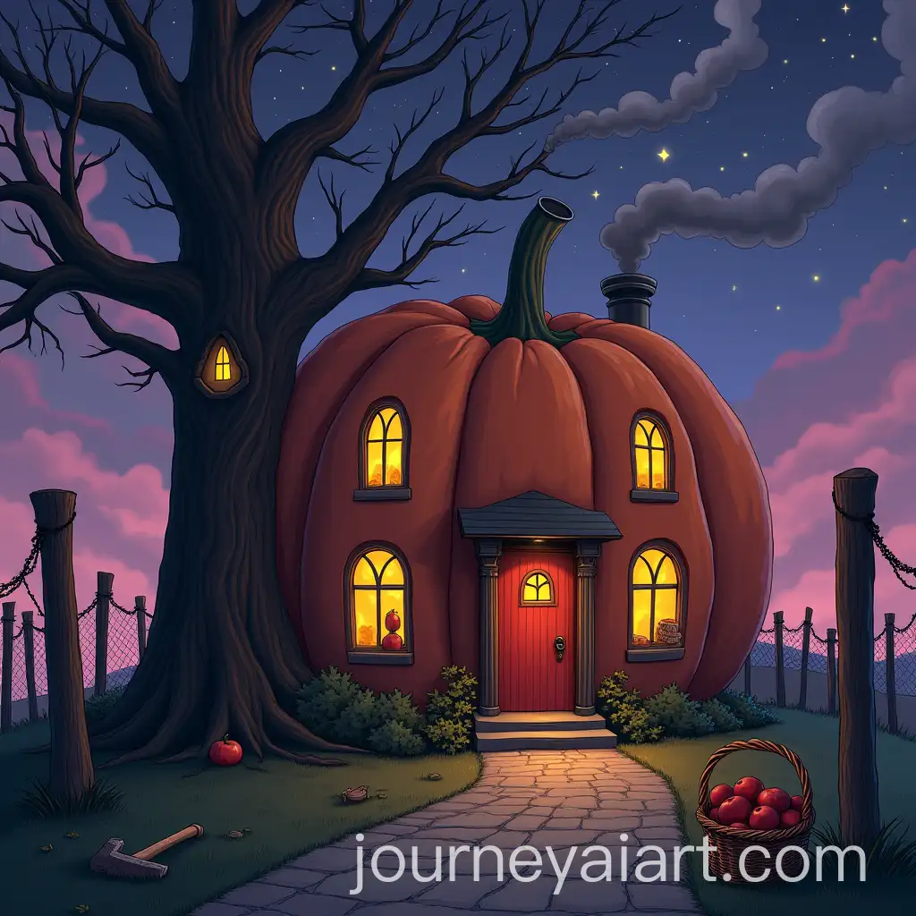 Magical-Pumpkin-House-at-Night-with-Steampunk-Elements-and-Apple-Tree