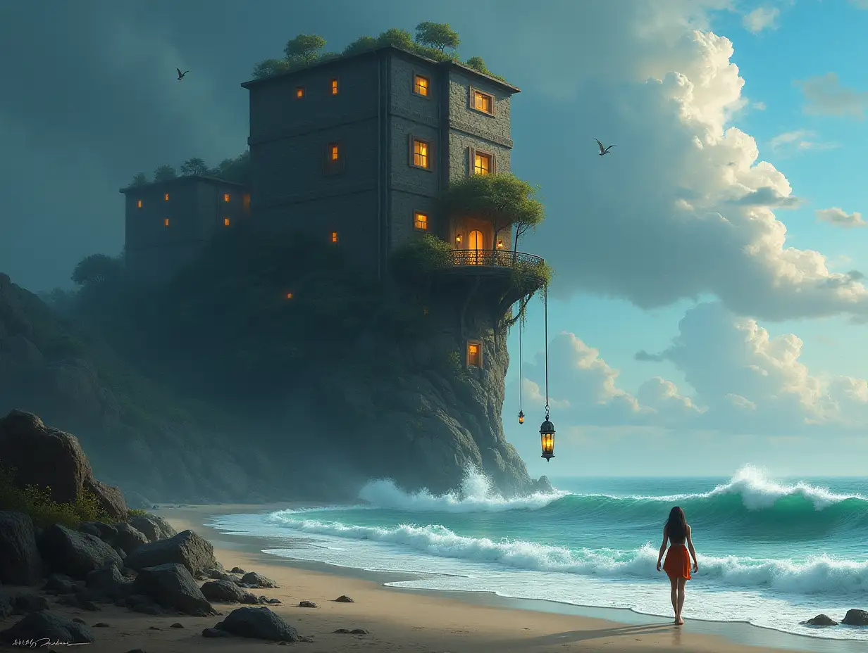 Face turning into a high building with terrace, lantern and hanging swing with a fairy at the beach with big stormy waves and clouds