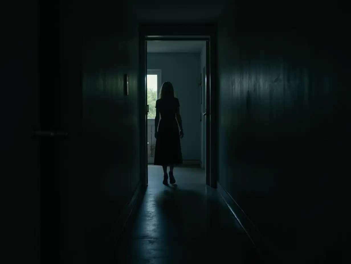 Girl-from-Horror-Film-Standing-in-Dimly-Lit-Doorway