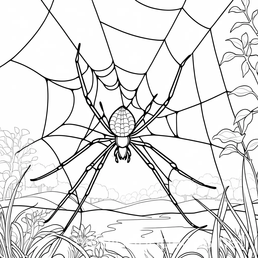 a spider on a web in the savannah, Coloring Page, black and white, line art, white background, Simplicity, Ample White Space. The background of the coloring page is plain white to make it easy for young children to color within the lines. The outlines of all the subjects are easy to distinguish, making it simple for kids to color without too much difficulty