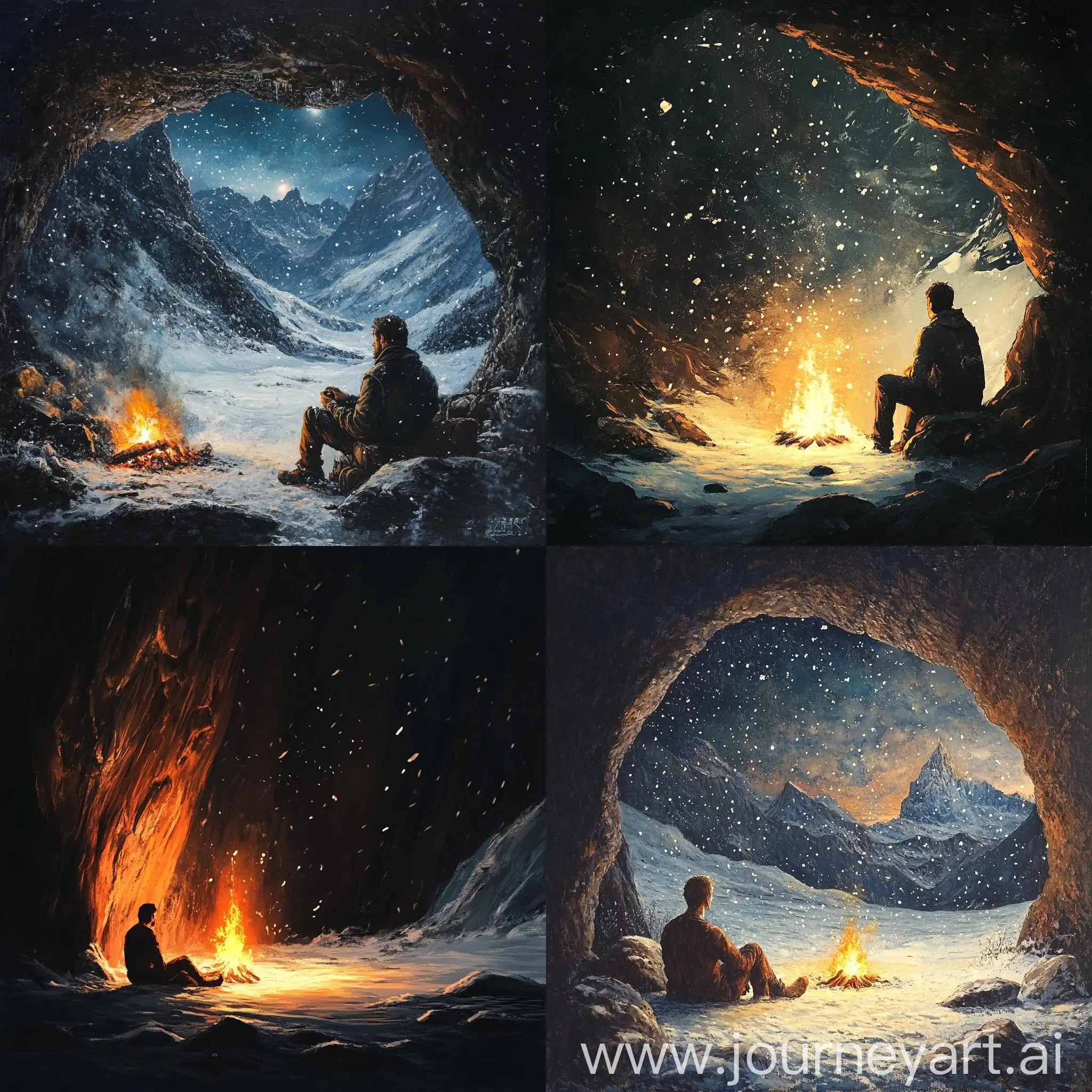 Man-Sitting-by-Fire-in-Cave-with-Snowfall-Background