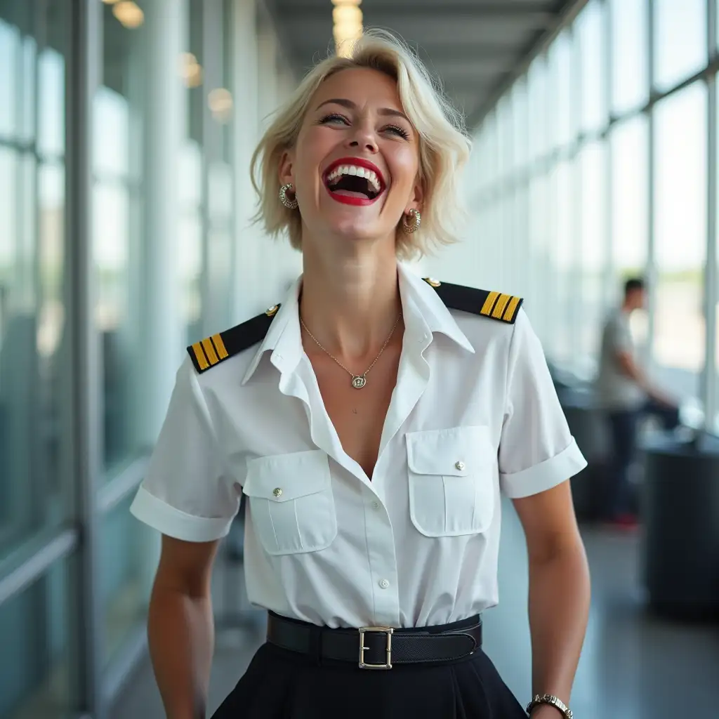 white norvegian pilot lady, in white deep-necked pilot shirt, laughing with her mouth open, red lipstick accentuating her smile,belt on waist, big wide hips, chest are fully grown, jewerly, short hair, HD, enjoing at airport , photo-realism