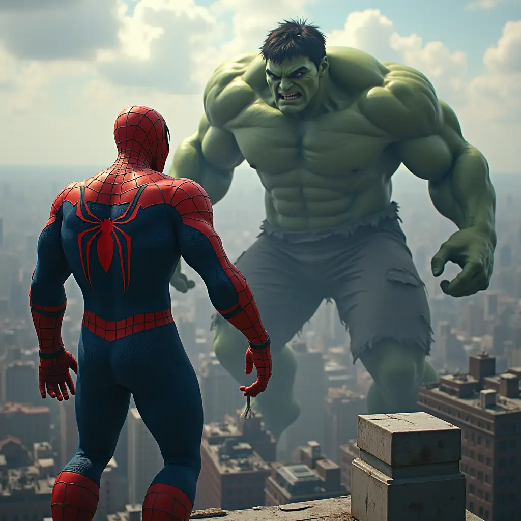 Spider-Man swings through the city, landing on a rooftop as he notices a massive shadow looming over the skyline. Turning around, he comes face-to-face with Hulk, who is furious and ready to smash anything in his path. The two stare at each other for a moment—Spider-Man's quick reflexes and agility versus Hulk's raw strength and power. Tension builds in the air as Spider-Man tries to come up with a strategy to take down the green giant without getting crushed. Will Spider-Man's wit and speed be enough to survive Hulk's wrath, or is it time for the friendly neighborhood hero to call for backup