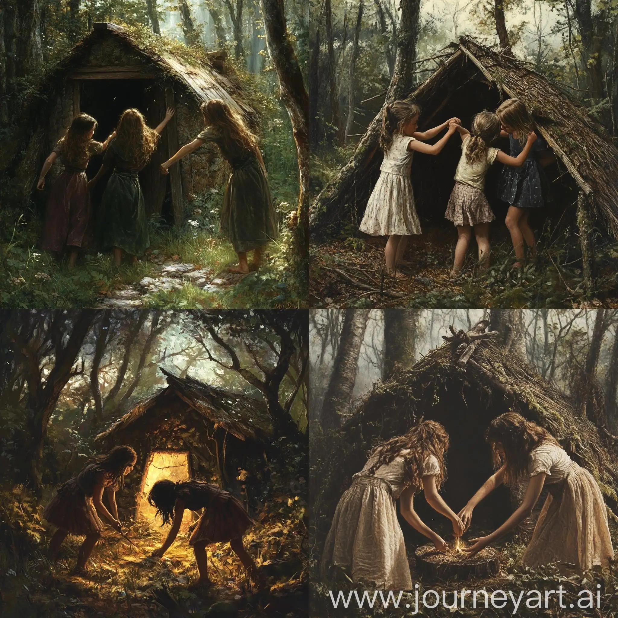 Three-Girls-Breaking-a-Hut-in-the-Forest