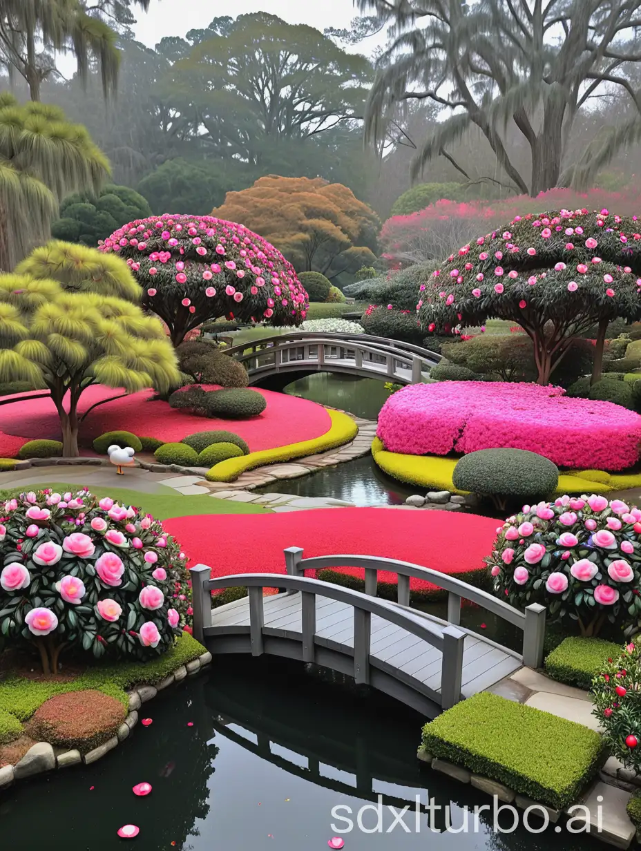 Colorful-Japanese-Camellia-Flower-Garden-at-Lake-Bridge-House-with-Ducks-Rainbows-and-Peacocks