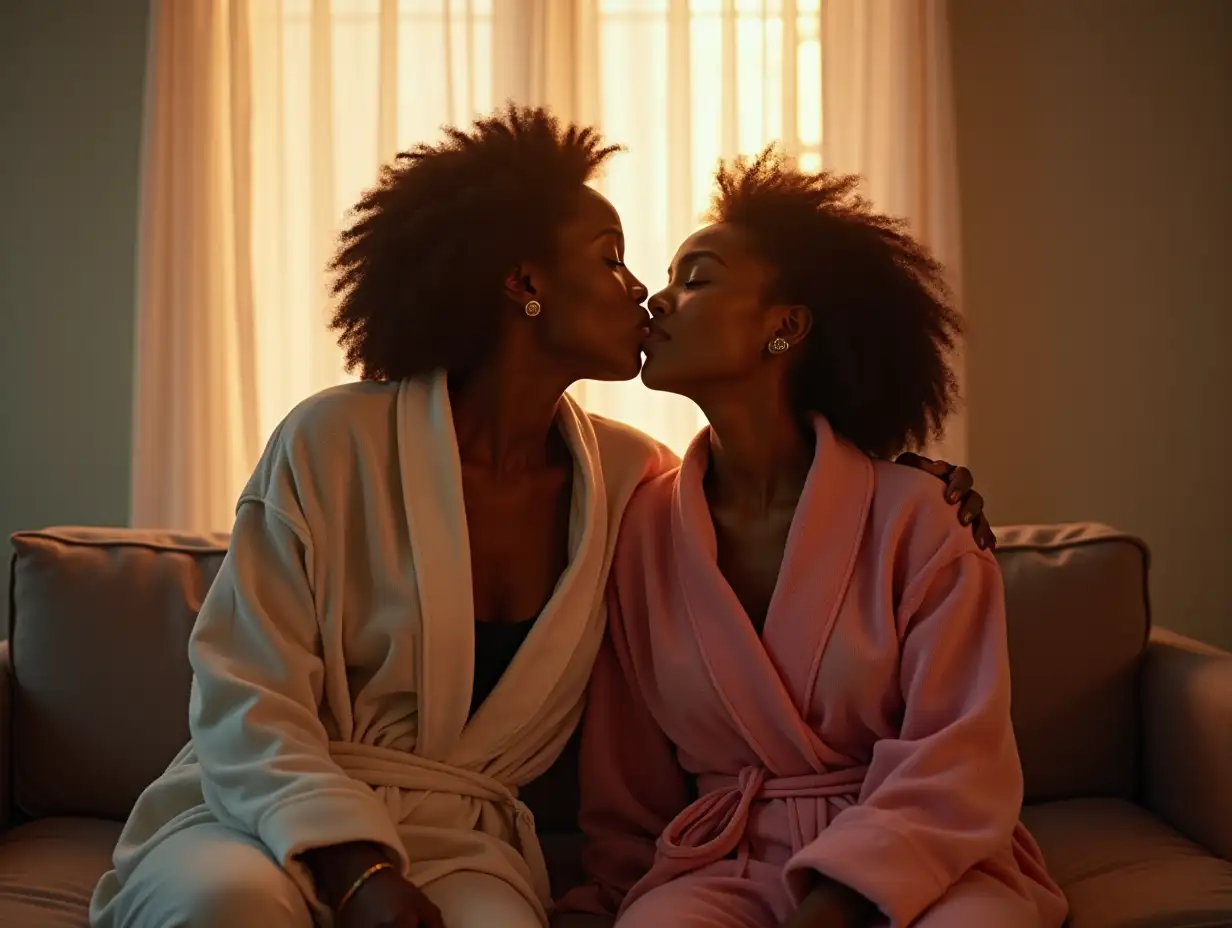 Two-Young-African-Student-Women-Kissing-on-Sofa-at-Dawn